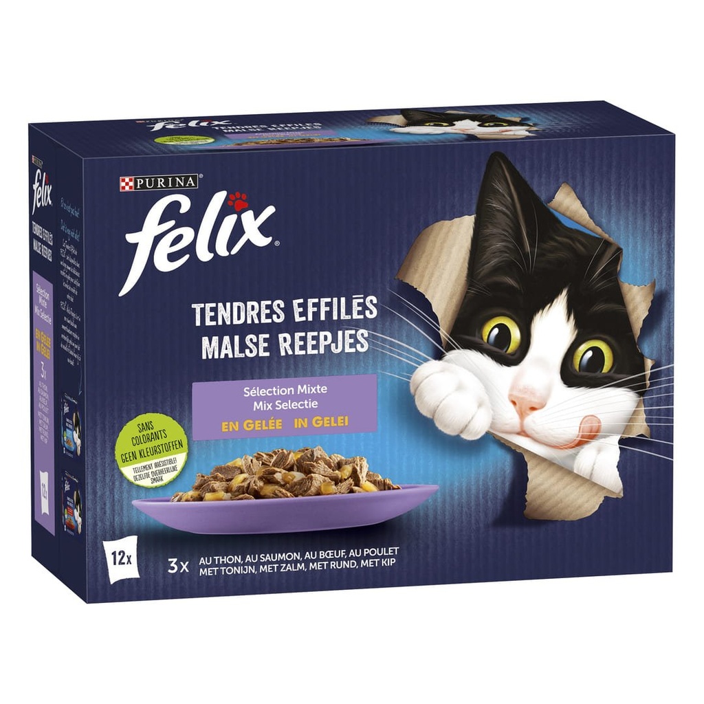 FELIX 12X85G TENDRES EFFILES SELECTION MIXTE EN GELÉE (VIANDES ET POISSONS)